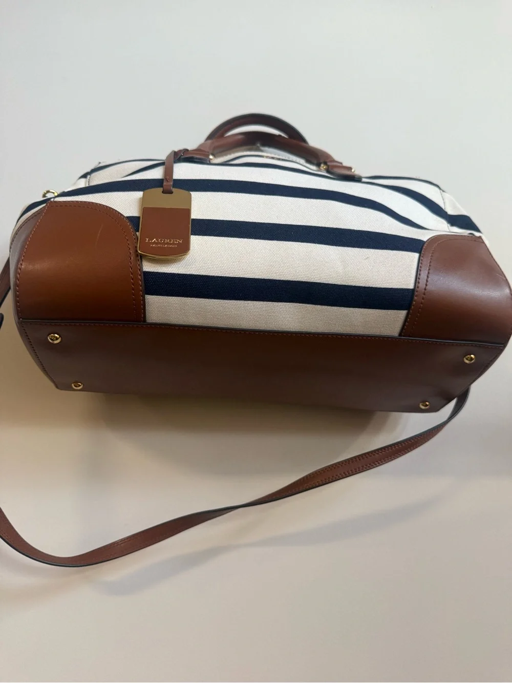 Ralph Lauren Black & White Striped Canvas Weekender with Brown Leather